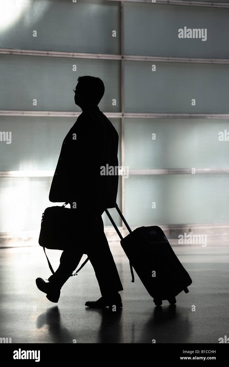 Silhouette of a man with a briefcase and a suitcase with wheels Stock ...