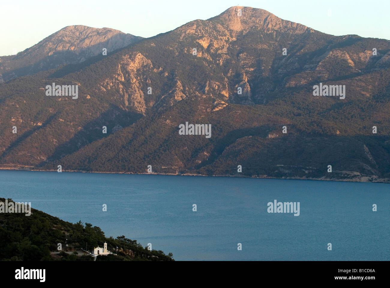 The narrow channel between the island of Samos in Greece and Turkey near Possidonio. Stock Photo