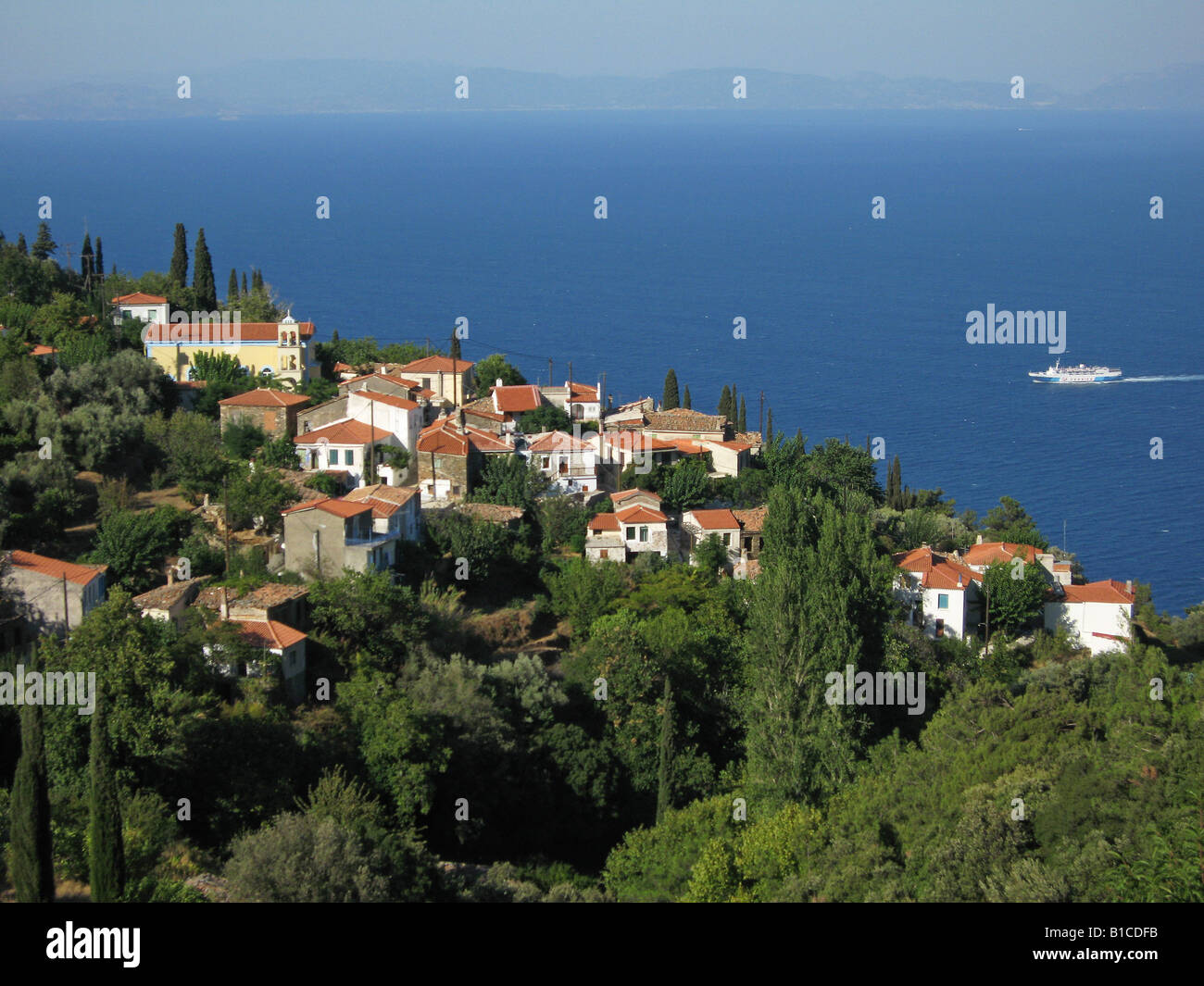 View down of the village of Stavrinides high above the north coast of the island of Samos in Greece. Stock Photo