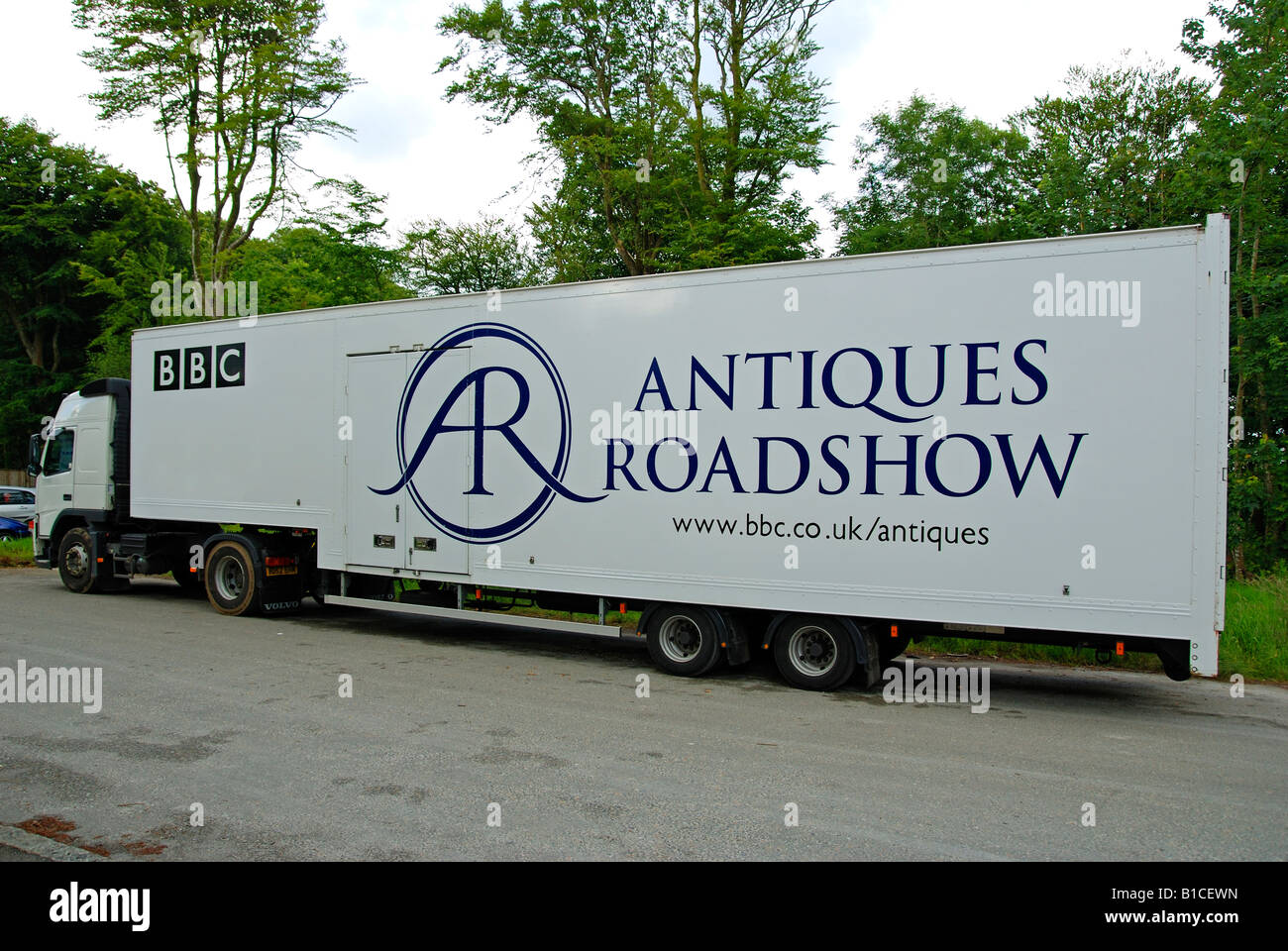 the articulated lorry that transports the equipment for the bbc television programme the antiques roadshow Stock Photo