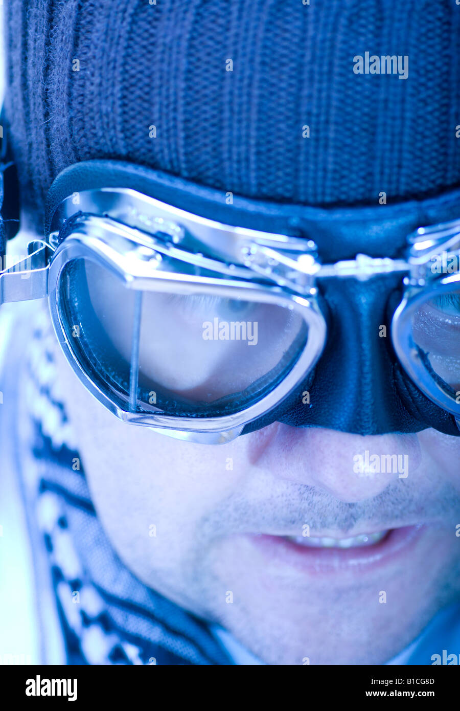 Man in flying goggles Stock Photo Alamy