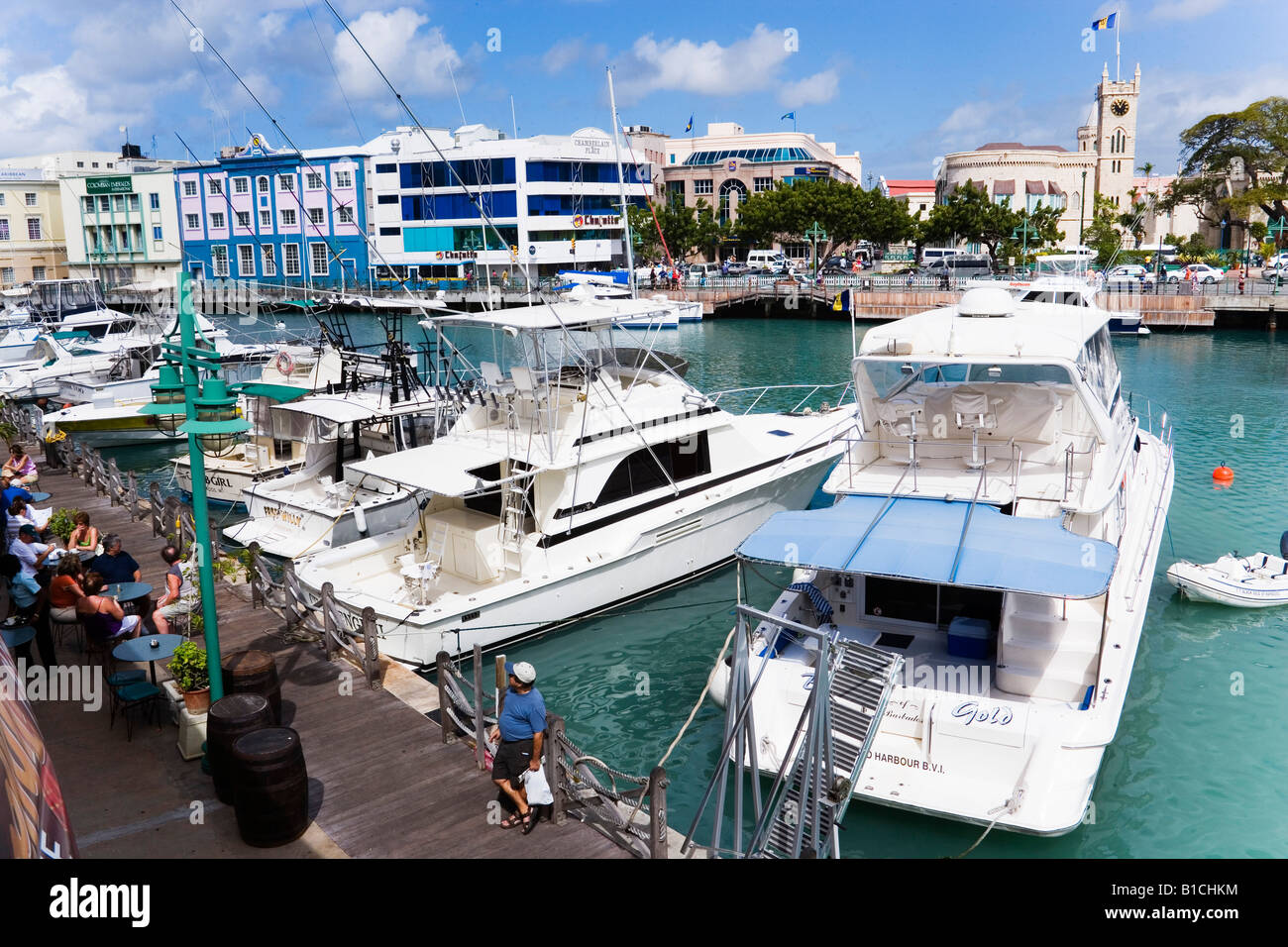 View over marina to parliament building in background Bridgetown Barbados Caribbean Stock Photo