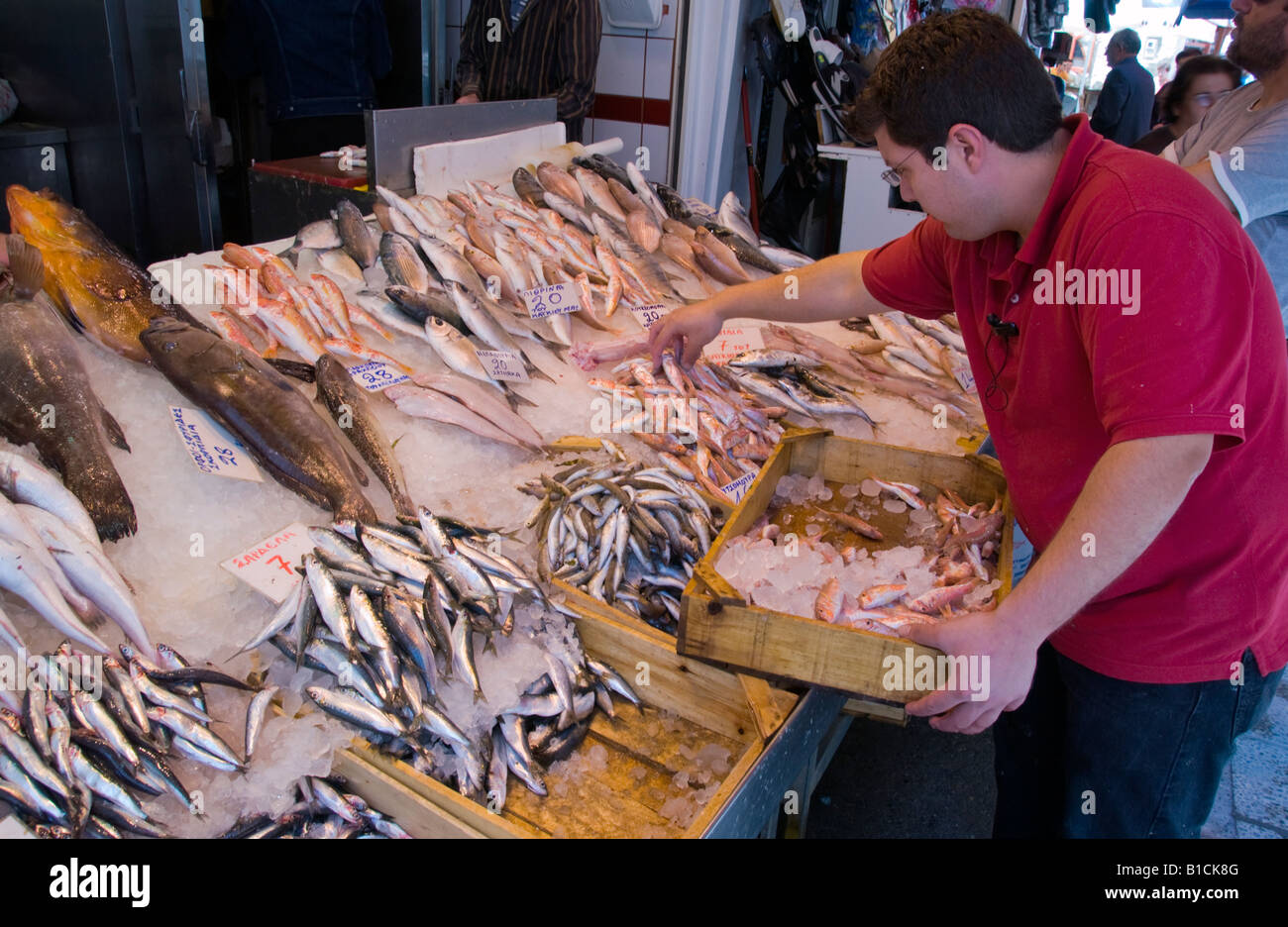 Fish for sale on market stall in Heraklion capital and largest city on ...