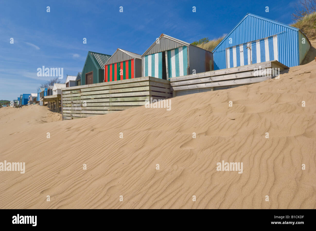 Multicoloured beach hut in the dunes Abersoch Llyn Peninsula Gwynedd North Wales UK GB EU Europe Stock Photo