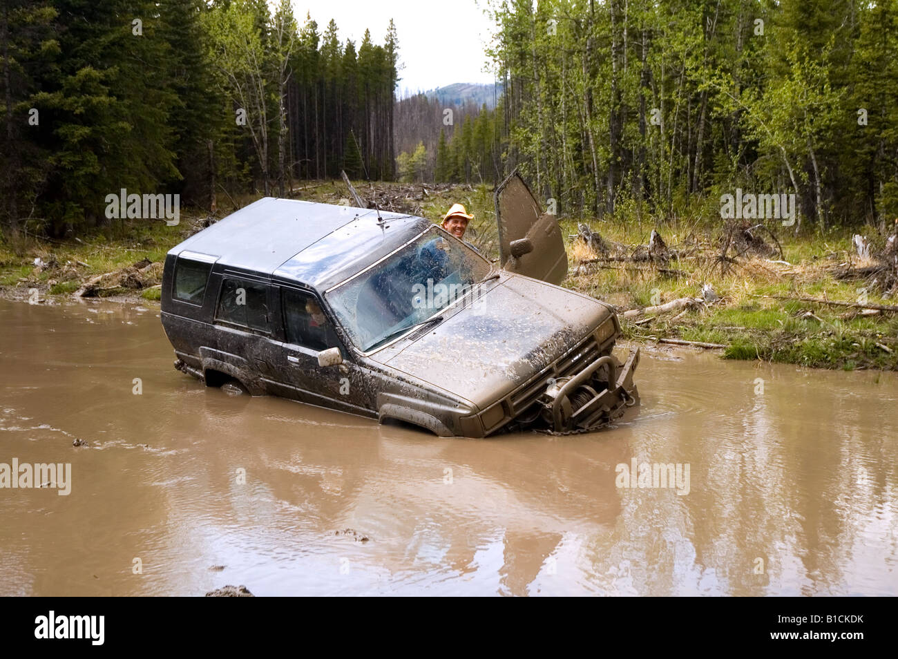 Truck stuck in a deep mud hole Stock Photo