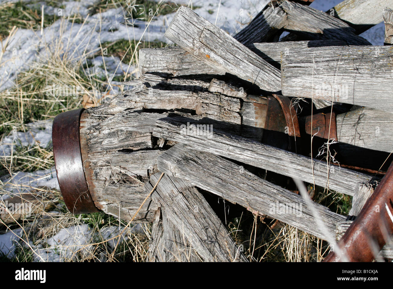 Old Broken Wooden wagon wheel in sagebrush Stock Photo