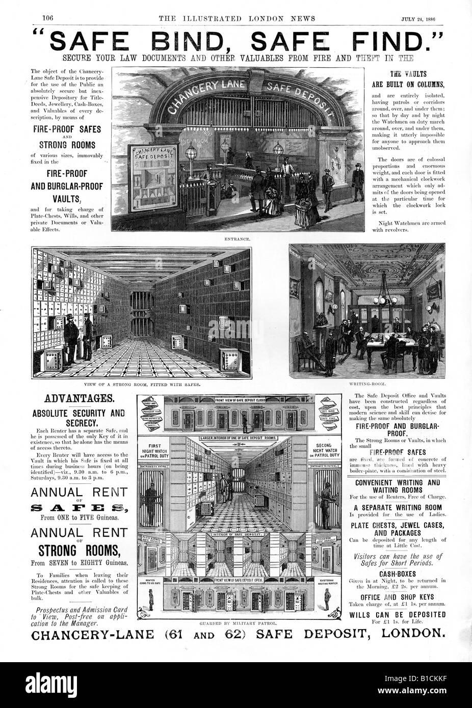 Chancery Lane Safe Deposit 1886 advert for the London safe deposit facility for money documents and valuables Stock Photo