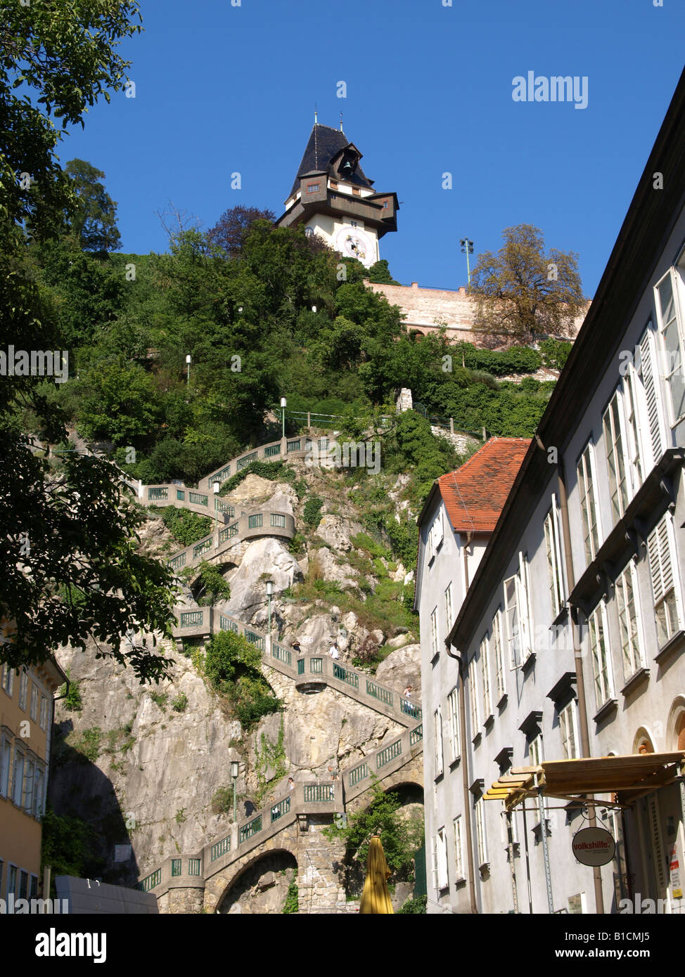 building Uhrturm, mountain castle Schlossberg, stairs, Austria, Graz, Graz - Uhrturm Stock Photo