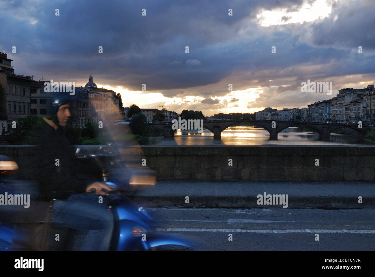 Europe, Italy, Florence, Tuscany, Arno, Bridge, Atmospheric, River, Cityscape, Vespa, dawn Stock Photo