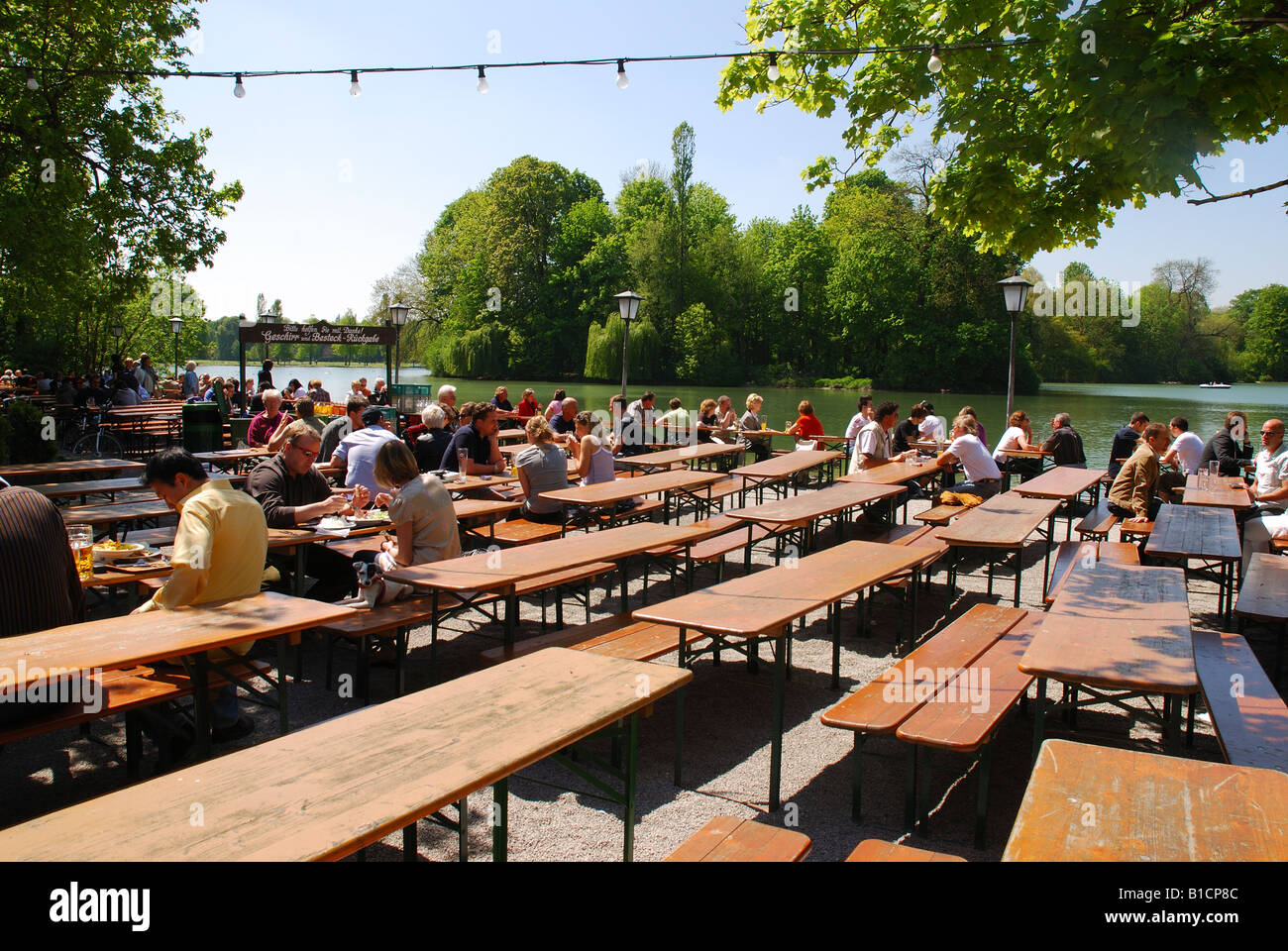 Europe, Germany, bavaria, Munich, englischer, Garten, english, garden, people, summer, beer, garden Seehaus Stock Photo