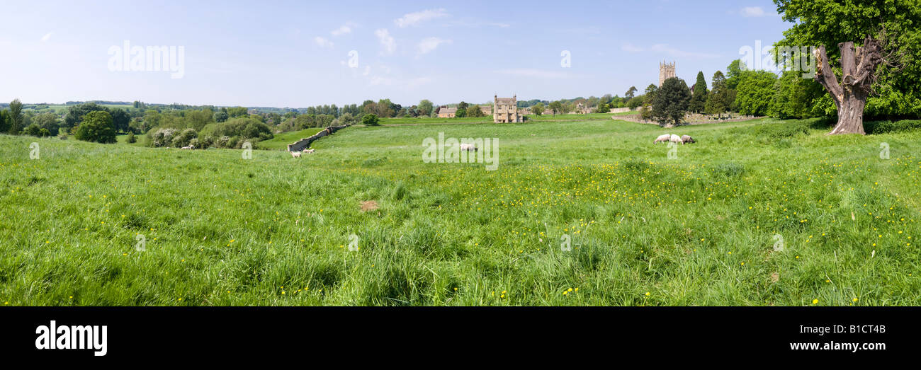 A long shot of the Cotswold town of Chipping Campden, Gloucestershire viewed across the site of Campden House Stock Photo