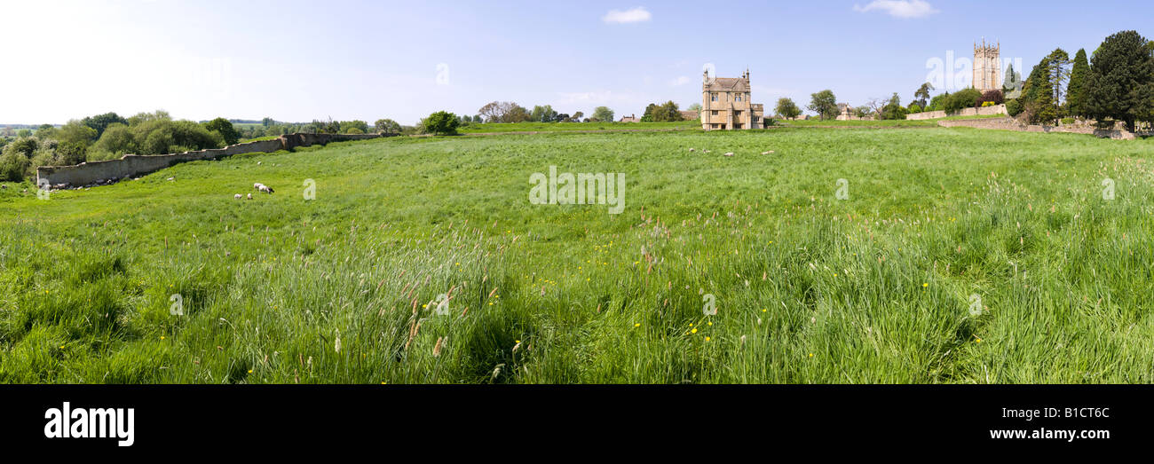 A long shot of the Cotswold town of Chipping Campden, Gloucestershire viewed across the site of Campden House Stock Photo