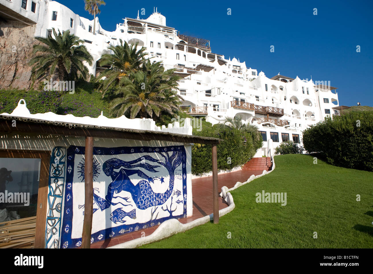 View of Casapueblo Punta del Este Uruguay from the seacoast The mural of a mermaid can be seen Stock Photo