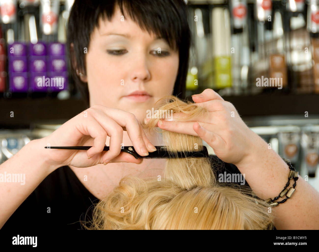 hair stylist and client Stock Photo Alamy