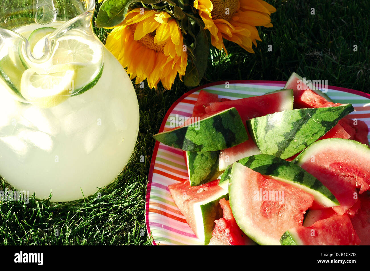 Pitcher Of Lemonade Plate Of Watermelon Vase Of Sunflowers On