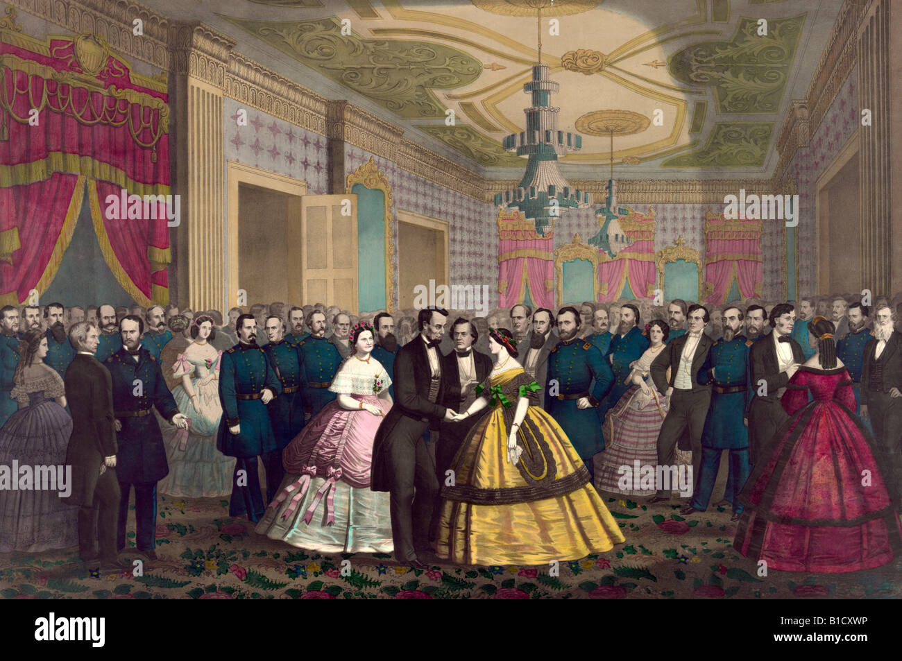 Abraham Lincoln & Mary Todd Lincoln greeting Union generals, Cabinet members, & others at a reception. Stock Photo