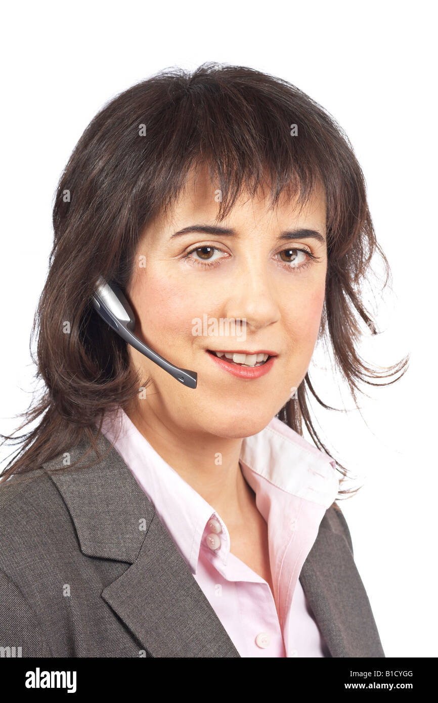 Smiling customer support girl on white background Stock Photo Alamy