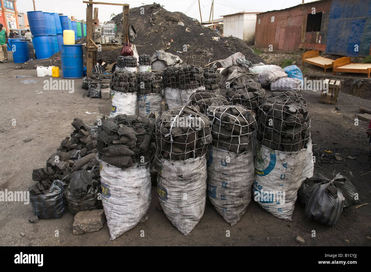 Charcoal packed into bags sold at Kamwala Market in Lusaka, Zambia Stock Photo