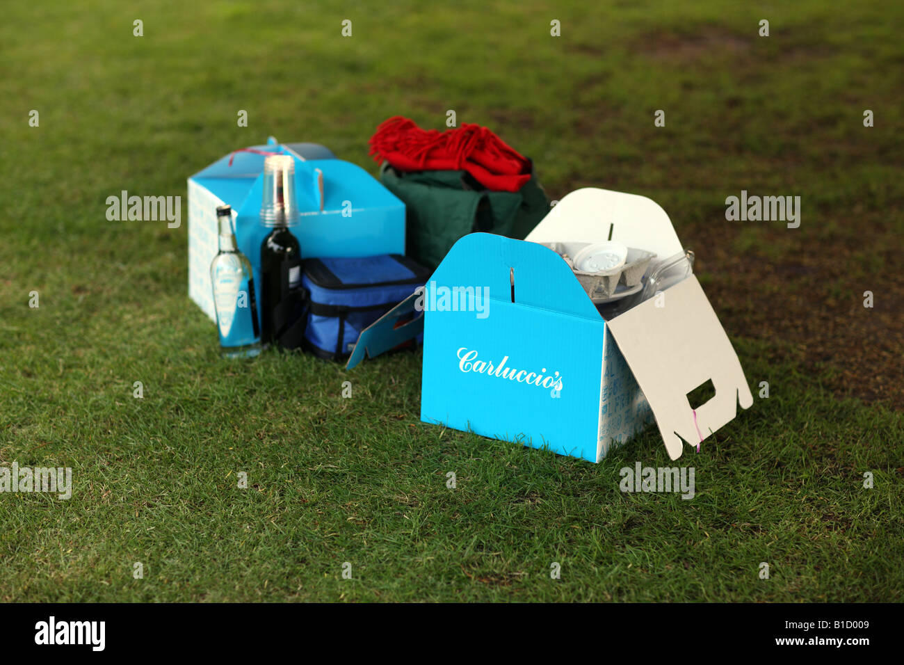 Picnic hamper,blanket,cool box & Umbrella, at a picnic Stock Photo Alamy