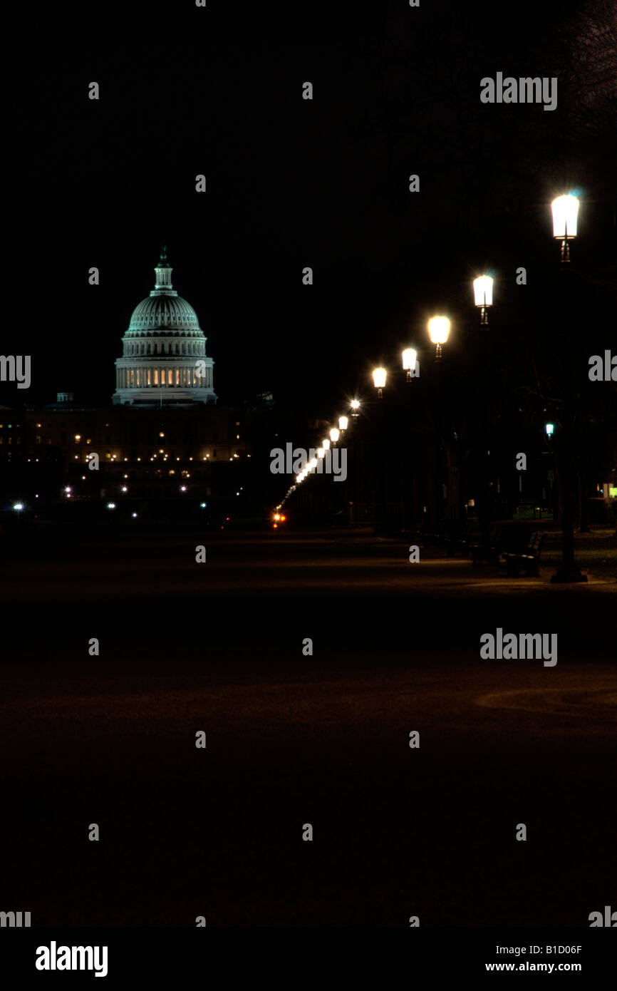 A view of the United States of America capital building from the National Mall at night Stock Photo