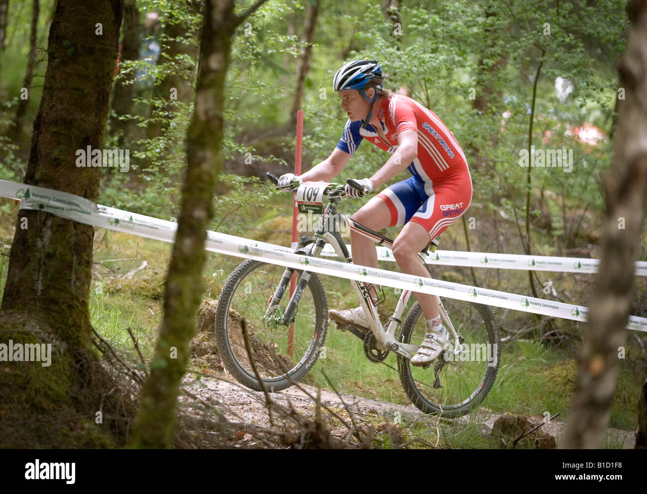 A competitor at the mountain bike downhill World Cup in Fort William, Scotland Stock Photo
