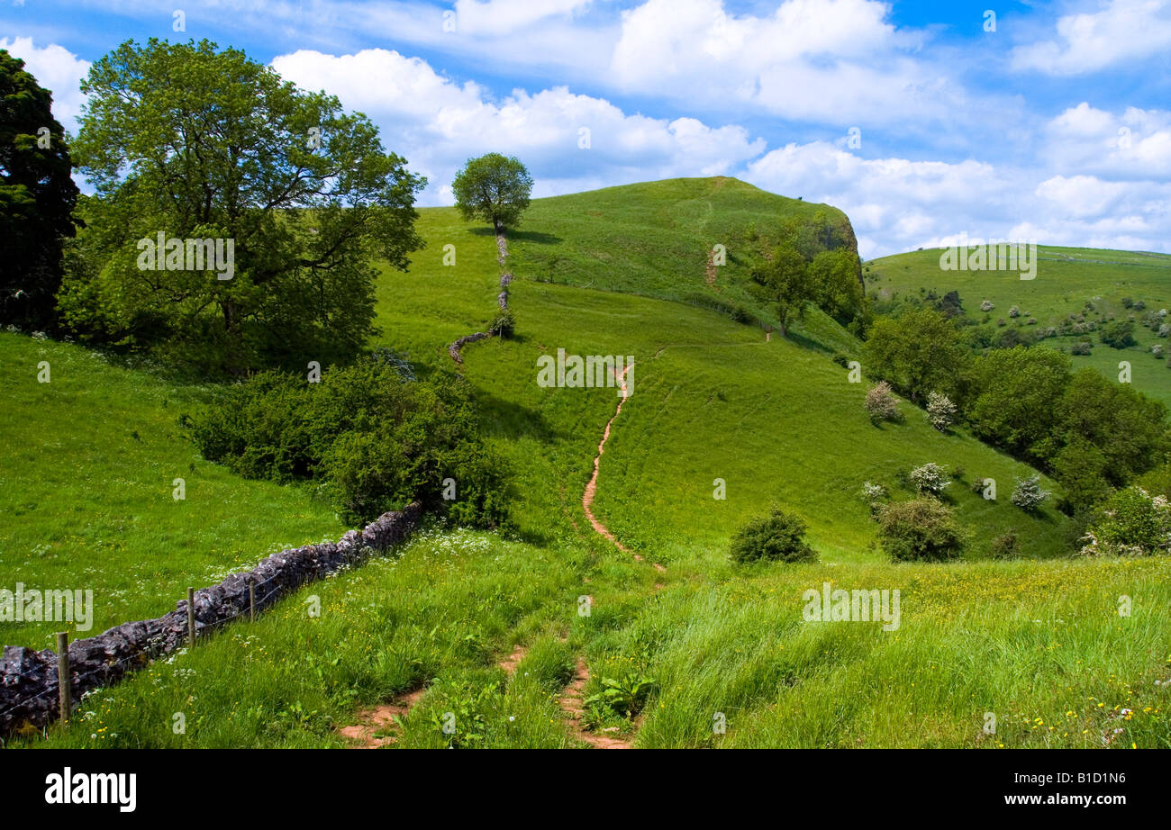 View looking over the Manifold Valley to the summit of the Thor's Cave crag in the Peak District National Park Staffordshire Stock Photo