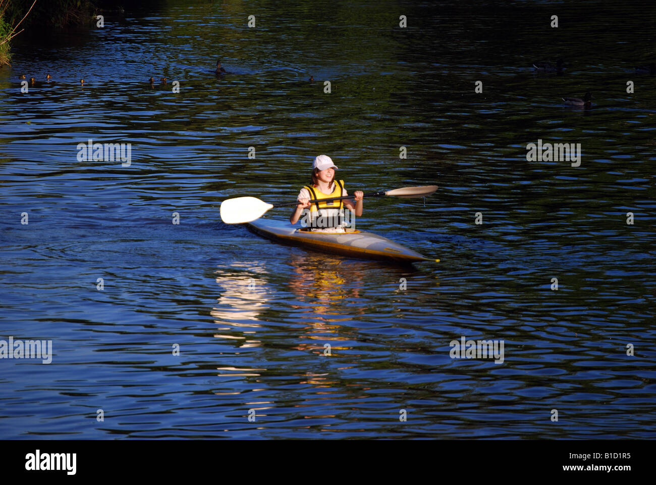 Teenage girl in kayak, River Thames, Cookham, Berkshire, England, United Kingdom Stock Photo