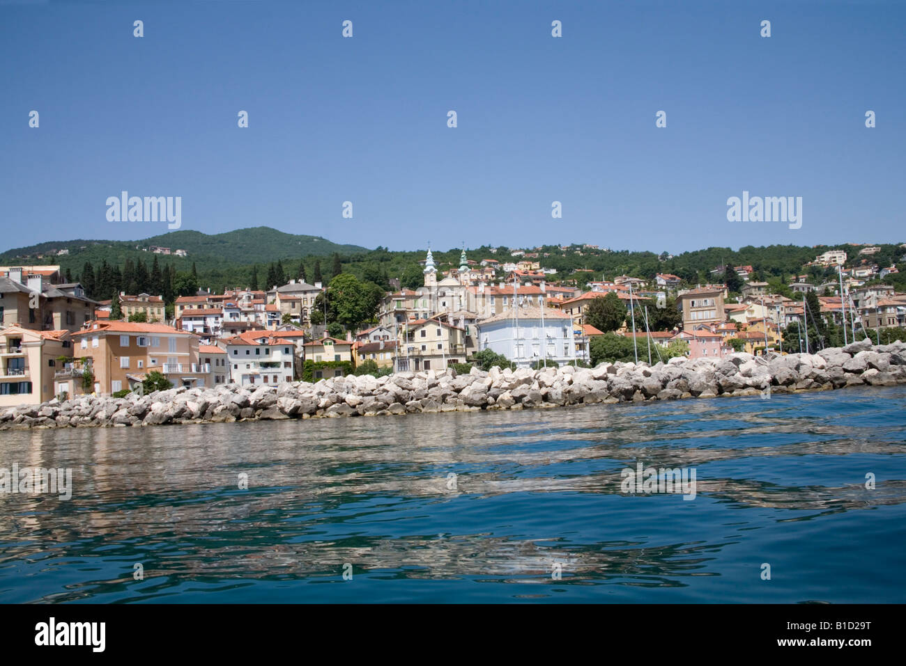 Volosko Istria Croatia Europe May Looking across the Gulf of Kvarner to this small fishing village of medieval character Stock Photo