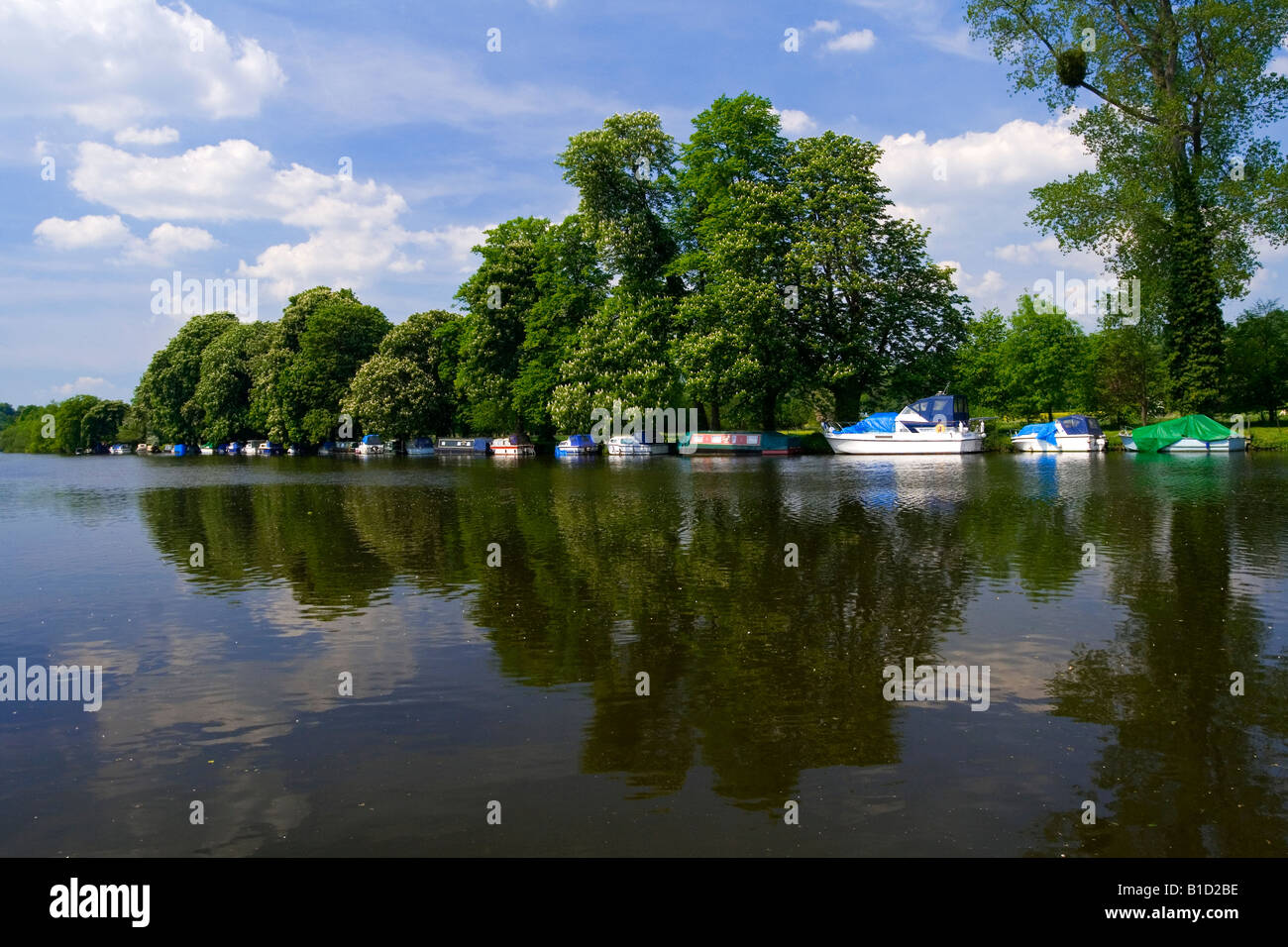 View of the River Thames in Pangbourne West Berkshire England UK with trees reflected in water and small boats moored on bank Stock Photo