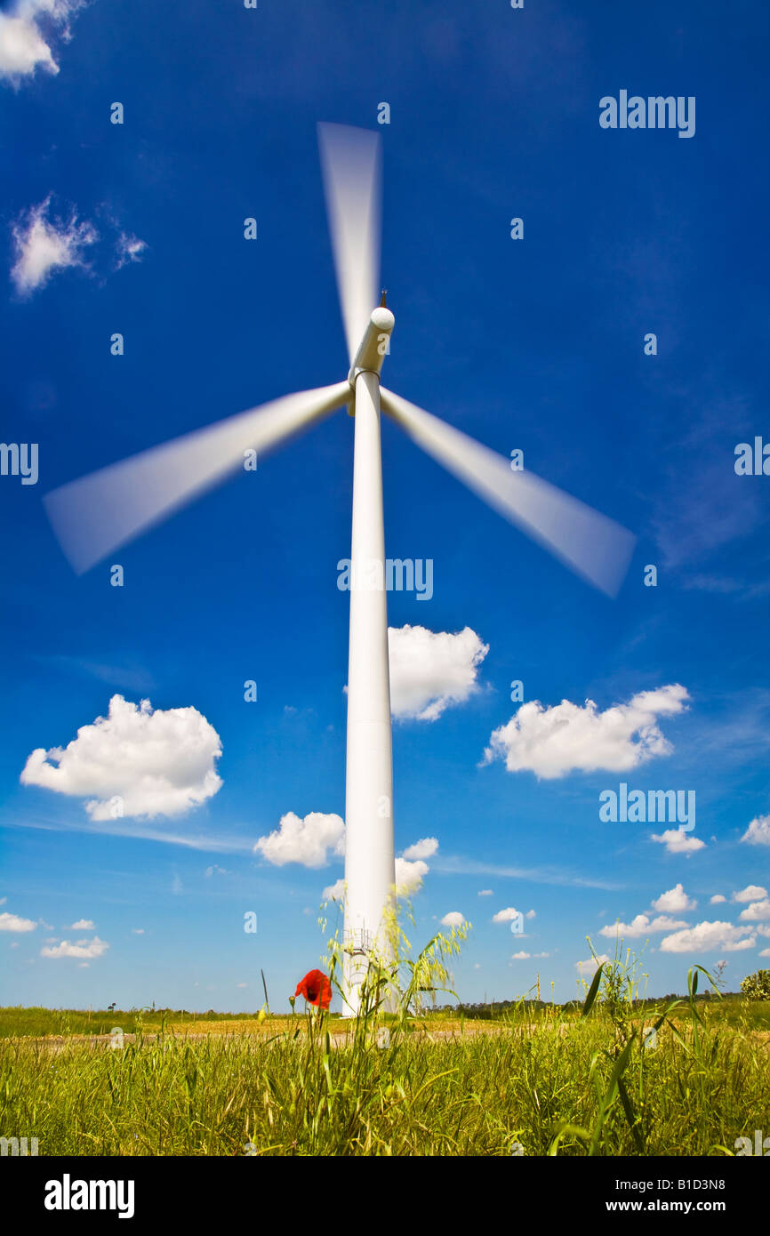 Single wind turbine with blades turning against a summer blue sky and a poppy in the foreground, taken in Oxfordshire, England Stock Photo