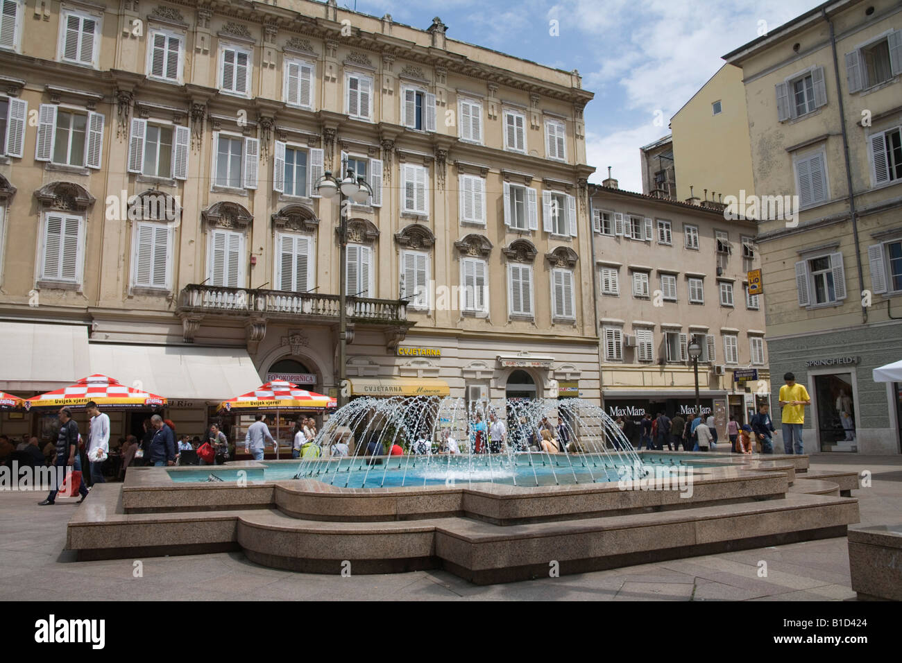 Rijeka Istria Croatia Europe May A fountain in pedestrian Jadranski Trg square leading to Korzo Street the heart of the city Stock Photo