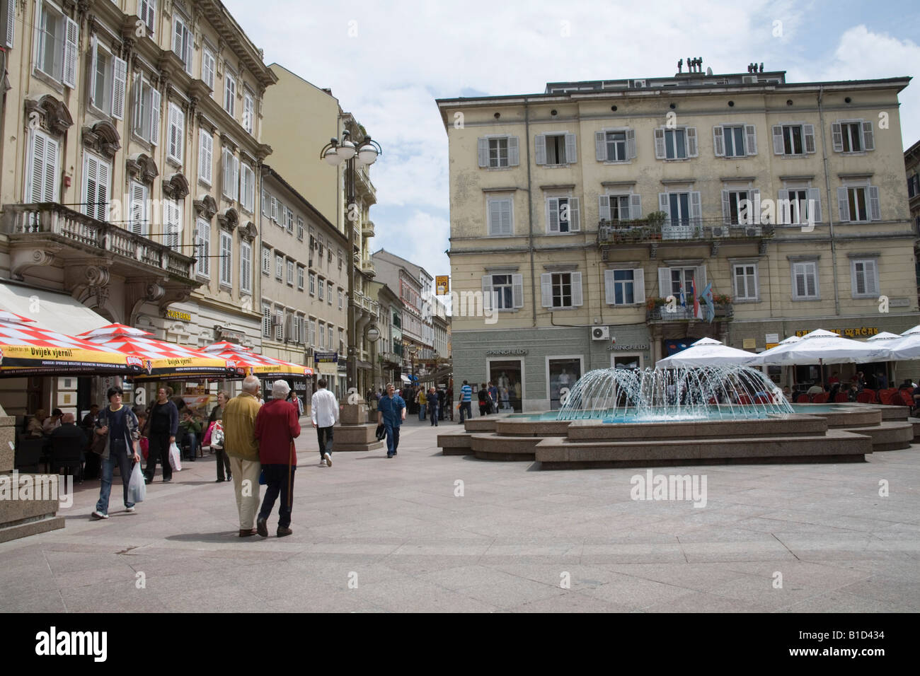 Rijeka Istria Croatia Europe May A fountain in the pedestrianised Jadranski Trg leading to Korzo the heart of the city Stock Photo