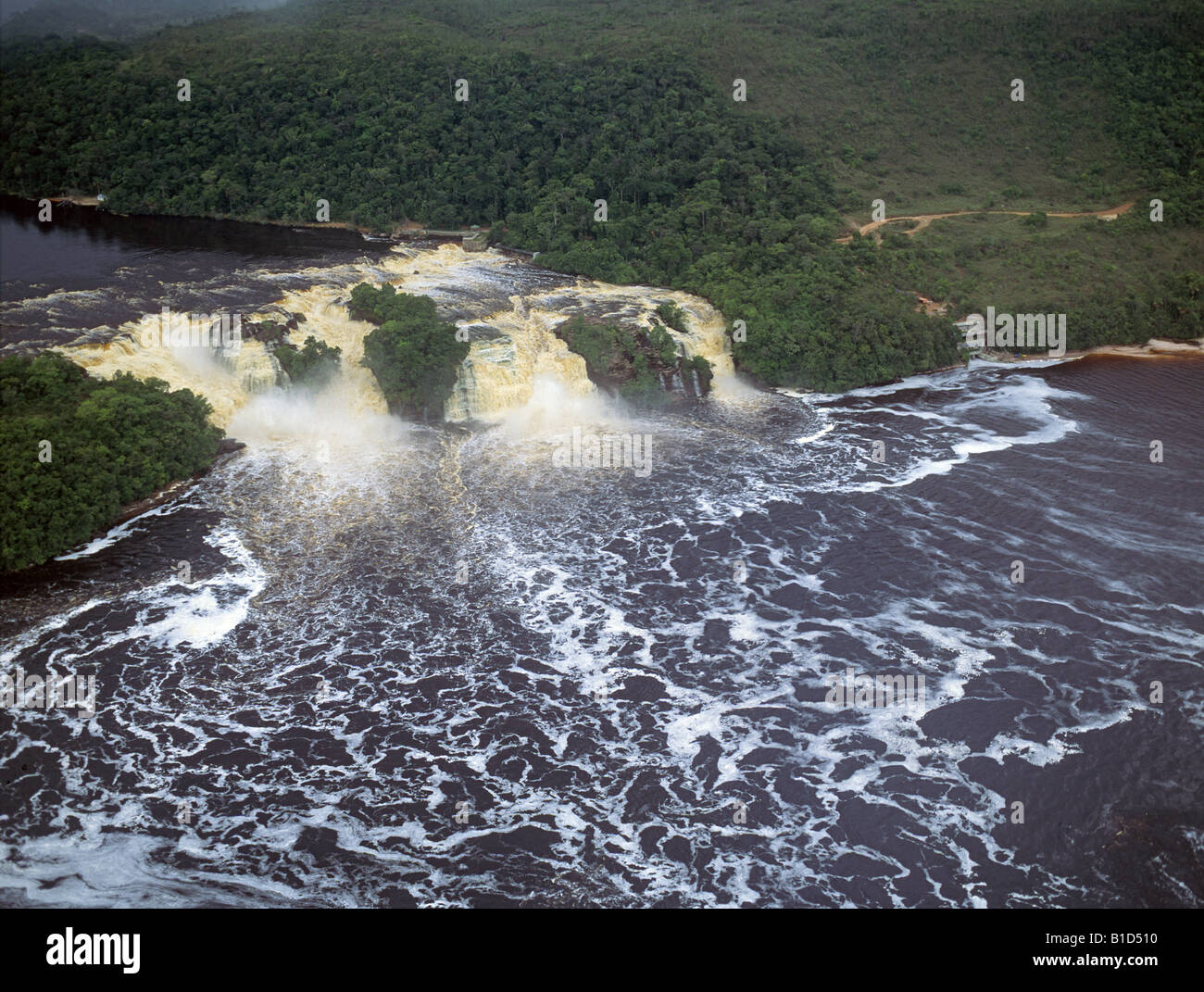 A view of a massive waterfall on theCaroni River in the dense rain forest of Canaima national Park Stock Photo