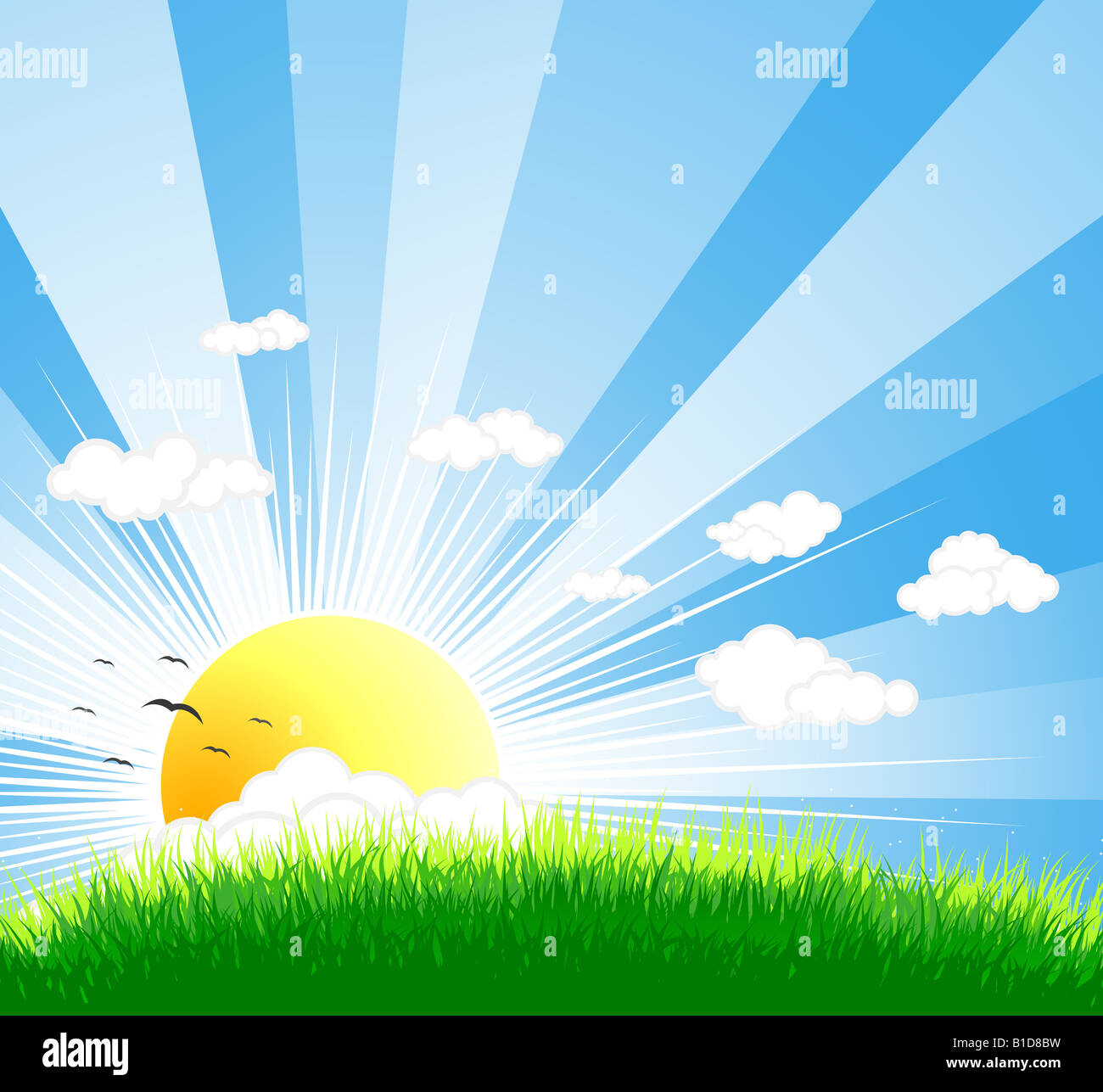 Vector illustration of an idyllic sunny nature background with a blue gradient stripes sky birds green grass layers of grass Stock Photo