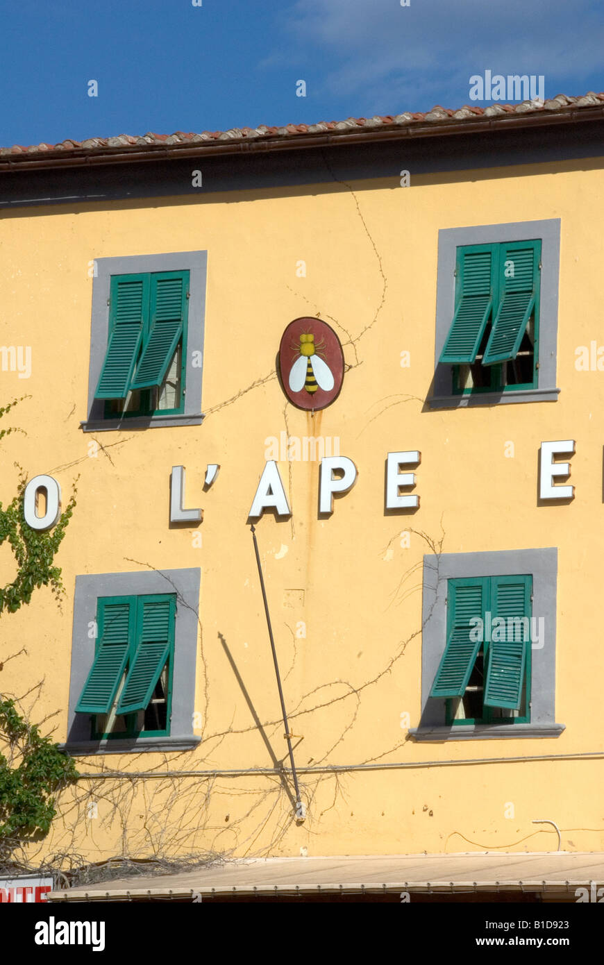 l'Ape hotel sign (the bee) symbol of Napoleon on Elba. Stock Photo