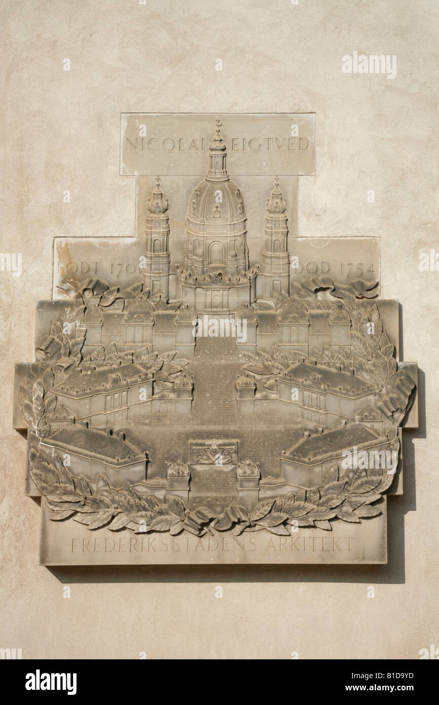 Panel commemorating the design of the Amalienborg Palads and Frederikskirken, or Marmorkirken, or Marble Church, Copenhagen. Stock Photo