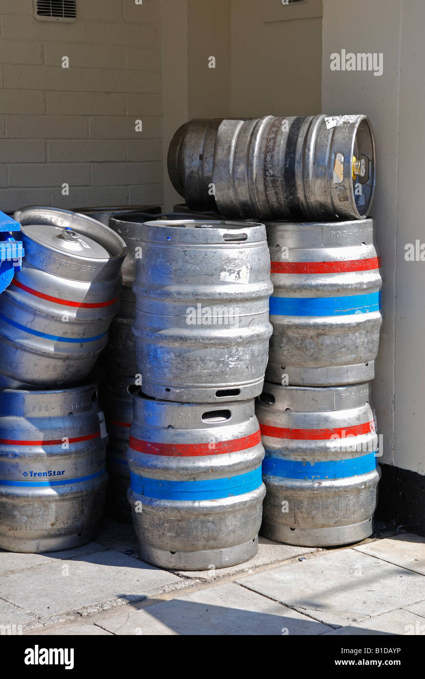 empty aluminium beer kegs outside an english pub Stock Photo
