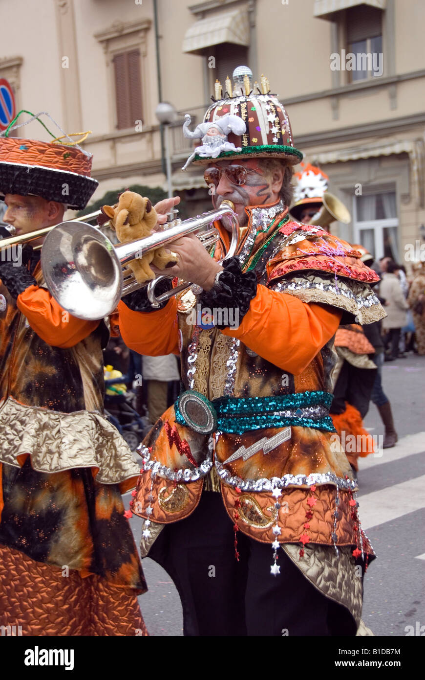 Crazily dressed musicians at Viareggio Carnivale, Tuscany, Italy Stock Photo