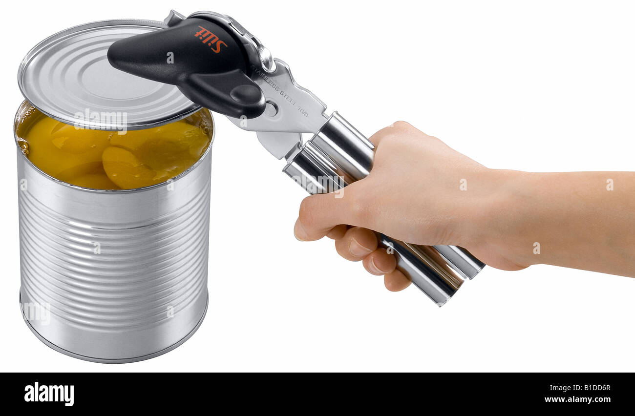 Hands Open Tin Can Opener Mechanical. Isolated On White Background. Stock  Photo, Picture and Royalty Free Image. Image 70899540.