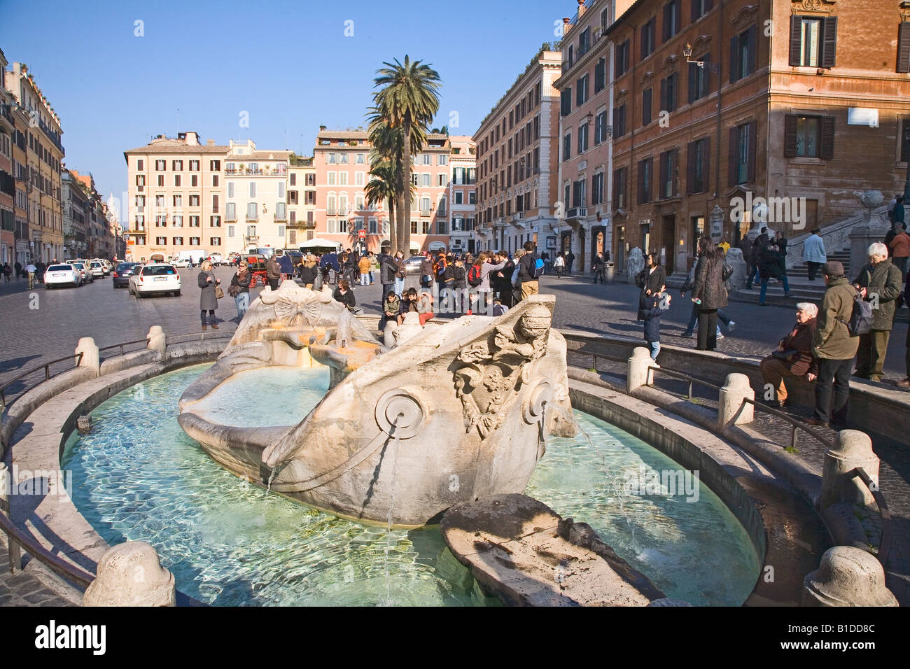 Fountain at the bottom of the Spanish Steps is a Baroque fresh-water fountain Rome Italy. Fontana della Barcaccia (Fountain of t Stock Photo