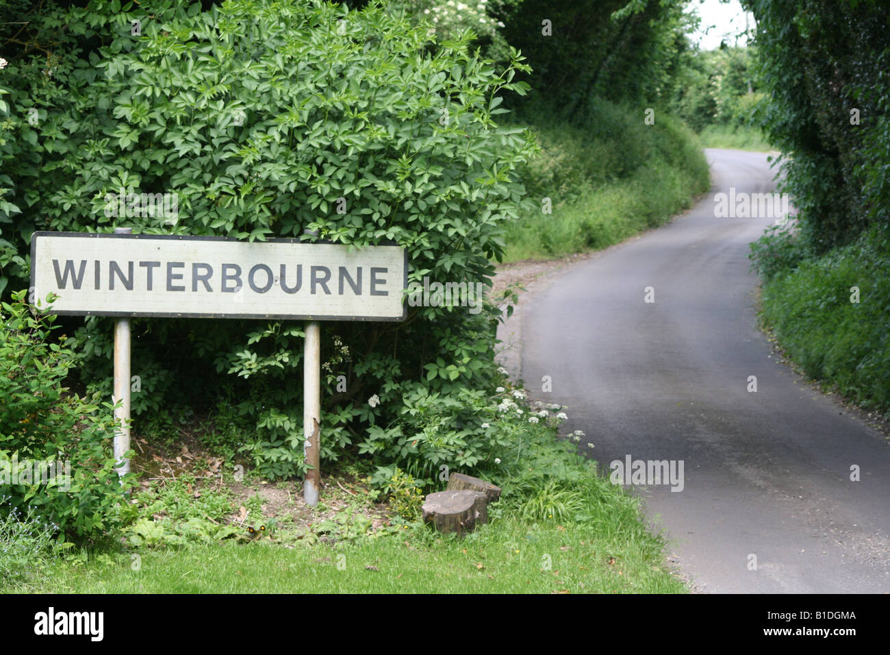 Road Sign for Berkshire Village of Winterbourne Stock Photo