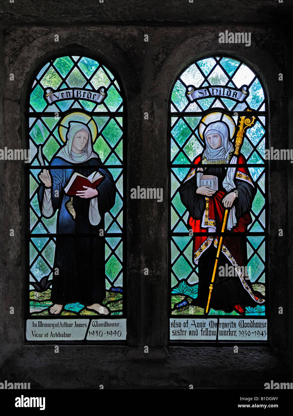 Saint Hilda and Venerable Bede window. Church of Saint John the Baptist, Arkholme, Lancashire, England, United Kingdom, Europe. Stock Photo