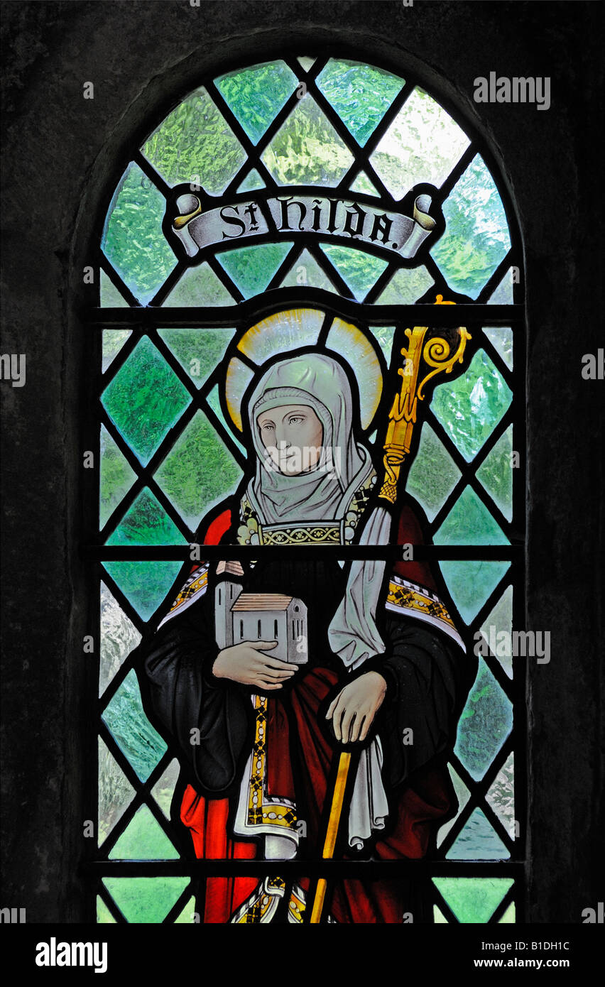 Saint Hilda window (detail). Church of Saint John the Baptist, Arkholme, Lancashire, England, United Kingdom, Europe. Stock Photo