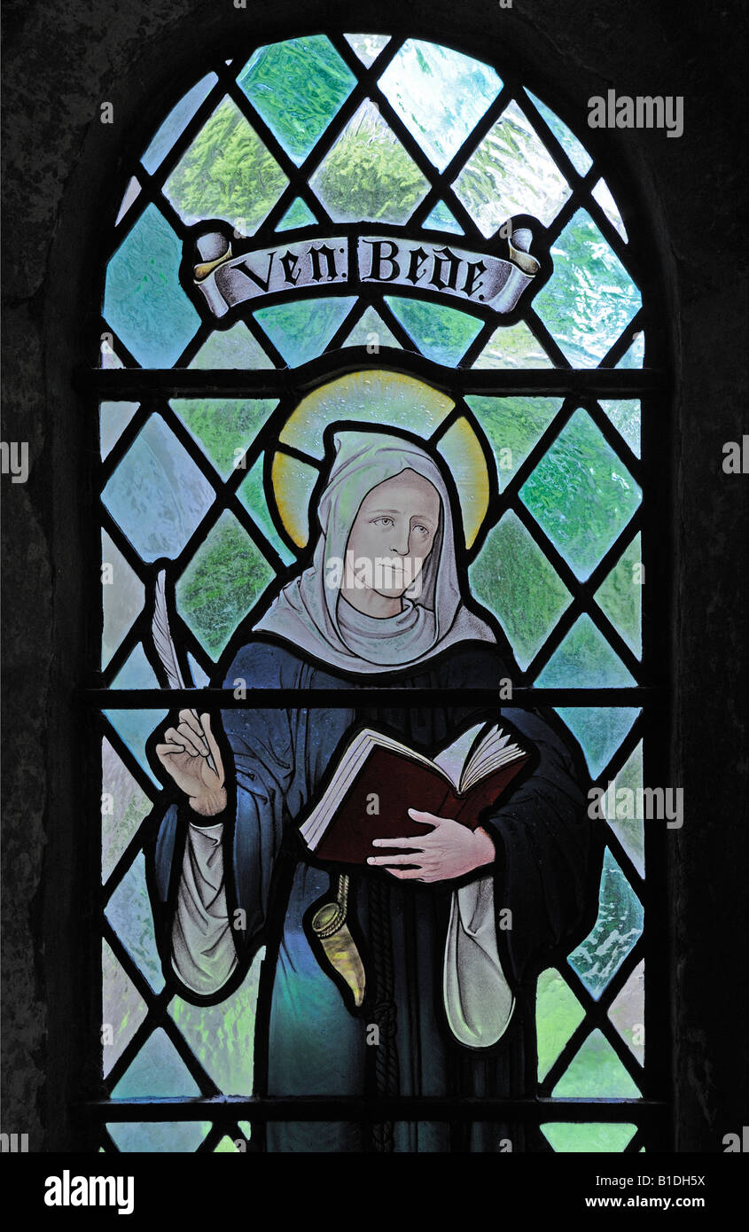 Venerable Bede window (detail). Church of Saint John the Baptist, Arkholme, Lancashire, England, United Kingdom, Europe. Stock Photo