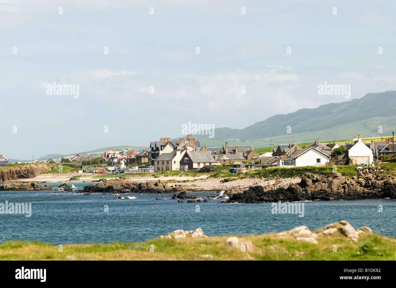 A view of the tiny coastal village of Macrahanish on the Mull of Kintyre. The village is home to a golf course and airport. Stock Photo