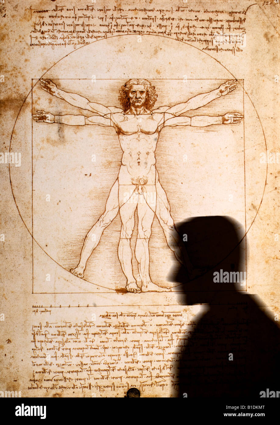 man walking past poster of Vitruvian Man by Leonardo da Vinci Stock Photo