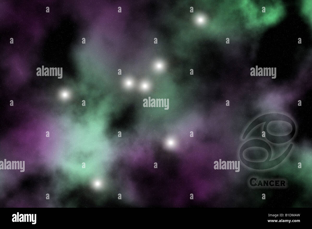 Zodiac - Cancer constellation, with sign and name of Zodiac. Against space galaxy background Stock Photo