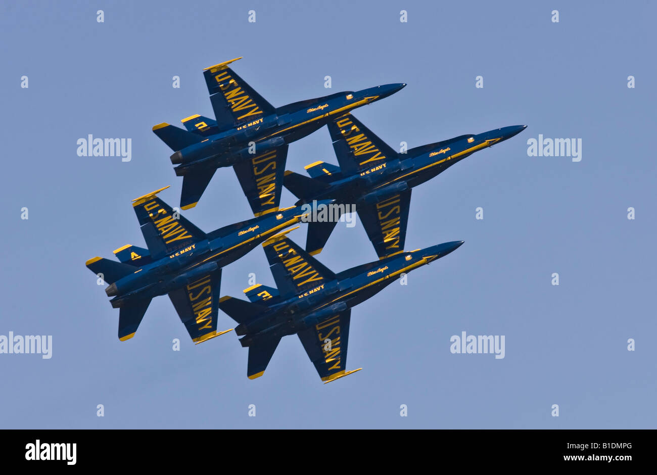 US Navy Blue Angels Flight Demonstration Squadron flying in diamond formation Stock Photo