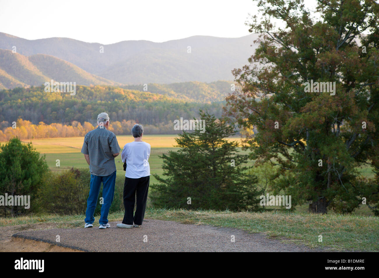 Senior couple overlook valley at Cades Cove in Great Smoky Mountains