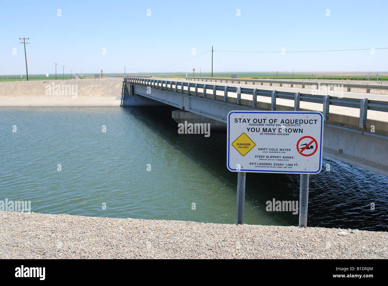 Warning sign at the Quail road bridge over the California aqueduct near Kettleman City central